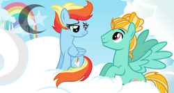 Size: 1260x677 | Tagged: safe, artist:pastelnightyt, oc, oc:lightning breeze, oc:rainbow prism, pony, cloud, female, folded wings, heterochromia, looking at each other, looking at someone, male, mare, not rainbow dash, not zephyr breeze, offspring, parent:lightning dust, parent:rainbow dash, parent:soarin', parent:zephyr breeze, parents:soarindash, parents:zephyrdust, spread wings, stallion, wings