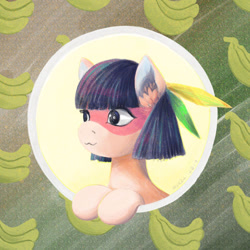 Size: 894x894 | Tagged: safe, artist:myr2a, oc, oc:kuruminha, earth pony, pony, :3, banana, female, filly, foal, food, solo