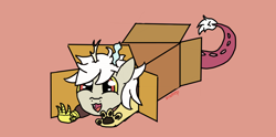 Size: 1906x946 | Tagged: safe, artist:dzamie, discord, draconequus, g4, box, cardboard box, colored, cute, discute, eris, female, flat colors, red background, rule 63, simple background, sliding ponies, smiling, solo