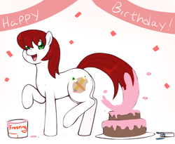 Size: 1280x1051 | Tagged: safe, artist:redintravenous, oc, oc only, oc:palette swap, earth pony, pony, cake, female, food, mare, solo