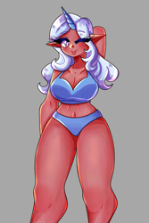 Size: 1800x2700 | Tagged: safe, artist:mylittleyuri, trixie, human, g4, :p, alternate hairstyle, belly button, blue bra, blue panties, blue underwear, bra, breasts, busty trixie, cleavage, clothes, cute, dark skin, diatrixes, elf ears, female, gray background, horn, horned humanization, humanized, long legs, midriff, one eye closed, panties, simple background, solo, thighs, thunder thighs, tongue out, underwear, wink