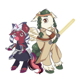 Size: 4000x4000 | Tagged: safe, artist:sumi-mlp25, oc, oc only, oc:olivia leaf, oc:venus red heart, pegasus, pony, unicorn, 2024 community collab, derpibooru community collaboration, absurd resolution, ahsoka tano, belt, bipedal, clothes, cosplay, costume, crossover, duo, female, headband, horn, jedi, lightsaber, mare, markings, multicolored hair, pants, rey, robes, simple background, skirt, star wars, transparent background, unshorn fetlocks, weapon, wings