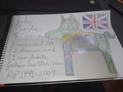 Size: 4000x3000 | Tagged: safe, artist:super-coyote1804, pony, clothes, flag, formula 2, great britain, henry surtees, john surtees, photo, solo, traditional art, united kingdom, writing