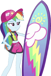 Size: 1716x2520 | Tagged: safe, edit, edited screencap, editor:mrtoonlover83, screencap, rainbow dash, human, equestria girls, g4, background removed, bikini, cap, clothes, female, geode of super speed, hat, magical geodes, not a vector, simple background, solo, surfboard, swimsuit, transparent background