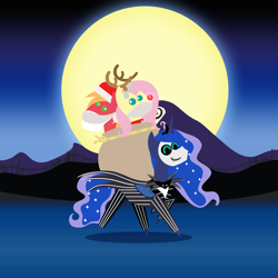 Size: 2160x2160 | Tagged: safe, anonymous artist, big macintosh, fluttershy, princess luna, alicorn, earth pony, pegasus, pony, series:fm holidays, series:hearth's warming advent calendar 2023, g4, advent calendar, animal costume, carrying, christmas, cloth gag, clothes, costume, eyes closed, fake beard, female, full moon, gag, high res, holiday, jack skellington, lineless, looking at each other, looking at someone, male, mare, moon, pointy ponies, red nose, reindeer costume, sack, santa costume, ship:fluttermac, shipping, smiling, stallion, straight, the nightmare before christmas, trio