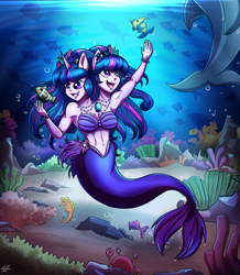 Size: 2748x3148 | Tagged: safe, artist:littletigressda, twilight sparkle, alicorn, crab, dolphin, fish, mermaid, seahorse, equestria girls, g4, bra, bubble, coral, fins, fish tail, flowing mane, flowing tail, happy, high res, lipstick, mermaidized, multiple heads, ocean, seashell bra, seaweed, species swap, sunlight, swimming, tail, twilight sparkle (alicorn), two heads, two heads are better than one, two heads are sexier than one, underwater, water