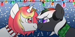 Size: 2048x1024 | Tagged: safe, oc, oc only, oc:kenn, oc:lazy sunday, earth pony, pony, unicorn, christmas, christmas lights, clothes, duo, duo male and female, female, holiday, male, mare, oc x oc, scarf, shipping, snow, snowfall, stallion