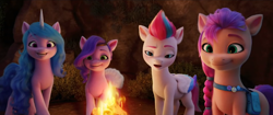 Size: 1440x603 | Tagged: safe, screencap, izzy moonbow, pipp petals, sunny starscout, zipp storm, earth pony, pegasus, pony, unicorn, g5, my little pony: a new generation, campfire, coat markings, jewelry, socks (coat markings), tiara