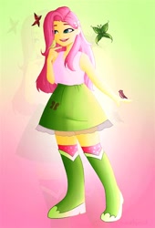 Size: 474x698 | Tagged: safe, fluttershy, bird, equestria girls, g4, boots, clothes, gradient background, open mouth, polka dot socks, shoes, socks, solo