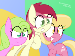 Size: 1920x1440 | Tagged: safe, artist:greenhoof, daisy, flower wishes, lily, lily valley, roseluck, earth pony, pony, g4, it isn't the mane thing about you, abstract background, eye clipping through hair, female, flower trio, scene interpretation, smiling, teeth, trio, trio female, vector
