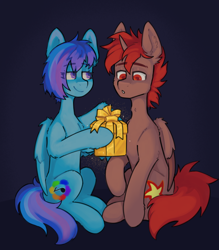 Size: 2848x3256 | Tagged: safe, artist:crashbrush, oc, oc only, oc:hardy, oc:skyshade blue, alicorn, pony, :o, duo, female, folded wings, gift giving, high res, male, mare, open mouth, sitting, smiling, stallion, wings