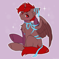 Size: 2000x2000 | Tagged: safe, artist:villjulie, oc, oc only, oc:hardy, alicorn, pony, high res, male, ribbon, side view, sitting, solo, spread wings, stallion, wings