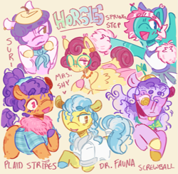 Size: 1017x996 | Tagged: safe, artist:tottallytoby, doctor fauna, plaid stripes, posey shy, screwball, spring step, sunlight spring, suri polomare, earth pony, pegasus, pony, g4, :d, alternate design, bags under eyes, beret, cheerleader, cheerleader outfit, chest fluff, clothes, colored eartips, colored hooves, colored wings, colored wingtips, ear piercing, ear tufts, earring, female, freckles, glasses, group, hat, jewelry, leg freckles, lidded eyes, lipstick, mare, mismatched hooves, necklace, open mouth, open smile, pale belly, piercing, pleated skirt, pom pom, propeller hat, raised hoof, round glasses, scarf, scrunchie, sextet, shirt, simple background, skirt, smiling, socks, swirly eyes, tail, tail bun, tongue out, wings, yellow background, yellow tongue