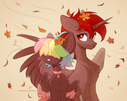 Size: 2700x2150 | Tagged: safe, artist:avroras_world, oc, oc only, oc:hardy, oc:walter evans, alicorn, pegasus, pony, autumn, chest fluff, duo, ear fluff, hair over eyes, high res, hug, leaf, leaves, male, maple leaf, multicolored hair, sitting, smiling, spread wings, stallion, winghug, wings