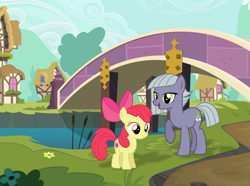 Size: 949x707 | Tagged: safe, artist:deratrox, artist:destroyerpony, artist:mlp-vector-collabs, apple bloom, limestone pie, earth pony, pony, g4, apple bloom's bow, bow, bridge, duo, female, filly, foal, hair bow, headcanon, headcanon in the description, mare, ponyville, raised hoof, sisters-in-law, smiling, when she smiles
