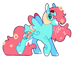Size: 2048x1563 | Tagged: safe, artist:goatpaste, thistle whistle, pegasus, pony, g3, :o, alternate design, coat markings, colored hooves, colored wings, facial markings, female, flower, flower in hair, freckles, leg freckles, mare, multicolored wings, open mouth, raised hoof, simple background, snip (coat marking), solo, spread wings, white background, wing freckles, wings