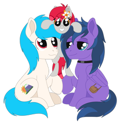 Size: 1147x1202 | Tagged: safe, artist:dyonys, oc, oc only, oc:feather freight, oc:jimm, oc:tiny jasmini, earth pony, pegasus, pony, 2024 community collab, derpibooru community collaboration, collar, female, male, simple background, transparent background, trio, wings