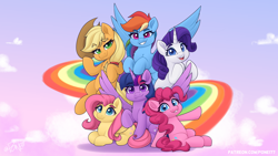 Size: 2496x1404 | Tagged: safe, artist:rivin177, applejack, fluttershy, pinkie pie, rainbow dash, rarity, twilight sparkle, alicorn, earth pony, pegasus, pony, unicorn, g4, cloud, eyebrows, eyebrows visible through hair, gradient background, hat, hooves, horn, looking at you, mane six, rainbow, rainbow road, raised hoof, sitting, sky, smiling, spread wings, teeth, twilight sparkle (alicorn), wings