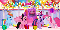Size: 2000x1000 | Tagged: safe, artist:aimeelovesu, artist:amgiwolf, artist:andoanimalia, artist:creaciones-jean, artist:gatesmccloud, artist:melisareb, artist:user15432, pinkie pie, rainbow dash, twilight sparkle, oc, oc:aaliyah, alicorn, earth pony, pegasus, g4, aaliyah, alicorn oc, amulet, balloon, birthday cake, birthday gift, birthday party, cake, candle, chocolate cake, food, glowing, glowing horn, happy birthday, hat, horn, jewelry, magic, magic aura, necklace, noisemaker, party, party hat, smiling, strawberry, twilight sparkle (alicorn), wings
