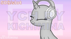 Size: 872x486 | Tagged: safe, artist:kichimina, pony, g4, advertisement, animated, bust, colored, commission, eyelashes, eyes closed, female, gif, half body, happy, headphones, horn, loop, mare, music notes, perfect loop, show accurate, signature, simple background, smiling, solo, vector, watermark, ych animation, your character here