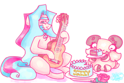 Size: 3600x2400 | Tagged: safe, artist:mannybcadavera, oc, oc only, oc:sigvard, oc:tapita, earth pony, goat, pony, acoustic guitar, birthday cake, cake, duo, food, guitar, high res, hoof hold, male, musical instrument, simple background, stallion, white background