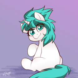 Size: 2704x2704 | Tagged: safe, artist:rivin177, oc, pony, unicorn, high res, looking at you, patreon, patreon reward, raised hoof, simple background, sitting, smiling