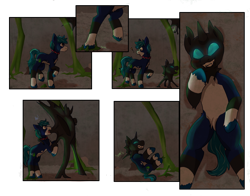 Size: 2166x1701 | Tagged: safe, artist:aero_moon, oc, oc:azulito, oc:facade, changeling, earth pony, pony, blue coat, cave, changeling horn, comic, green mane, green tail, horn, latex, latex mask, living latex, living mask, male, mask, possessed, possession, tail
