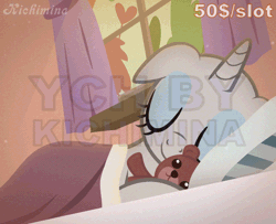 Size: 600x486 | Tagged: safe, artist:kichimina, pony, unicorn, g4, advertisement, animated, bed, blanket, colored, commission, curtains, cute, eyelashes, eyes closed, female, gif, half body, horn, loop, mare, perfect loop, pillow, plushie, show accurate, signature, simple background, sleeping, smiling, solo, teddy bear, toy, vector, watermark, window, ych animation, your character here