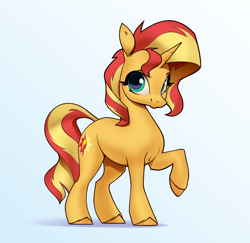 Size: 2880x2805 | Tagged: safe, artist:aquaticvibes, sunset shimmer, pony, unicorn, g4, gradient background, high res, raised hoof, solo