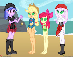 Size: 4000x3090 | Tagged: safe, artist:dieart77, apple bloom, applejack, fleur-de-lis, sea swirl, seafoam, equestria girls, g4, beach, beach outfit, boots, hypnosis, hypnotized, ocean, pirate, pirate outfit, pocket watch, shoes, swimsuit, swirly eyes, water