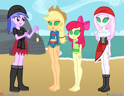 Size: 4000x3090 | Tagged: safe, artist:dieart77, apple bloom, applejack, fleur-de-lis, sea swirl, seafoam, human, equestria girls, g4, apple sisters, beach, beach outfit, boots, hypnosis, hypnotized, ocean, pirate, pirate outfit, pocket watch, shoes, siblings, sisters, swimsuit, swirly eyes, water