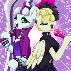 Size: 2801x2795 | Tagged: safe, artist:horsesrnaked, coloratura, songbird serenade, earth pony, pegasus, semi-anthro, g4, my little pony: the movie, back to back, bracelet, clothes, countess coloratura, duo, duo female, facing away, female, folded wings, high res, hooves, implied lesbian, implied shipping, jacket, jewelry, lidded eyes, long hair, looking at each other, looking at someone, makeup, mare, microphone, missing accessory, open mouth, ponytail, short hair, short shirt, simple background, singing, spiked headband, spiked wristband, waist up, wings, wristband