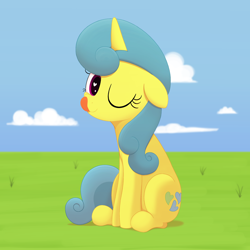 Size: 3000x3000 | Tagged: safe, alternate version, artist:algoatall, lemon hearts, pony, unicorn, g4, female, happy, heart, heart eyes, high res, looking at you, mare, mlem, one eye closed, silly, solo, tongue out, wingding eyes