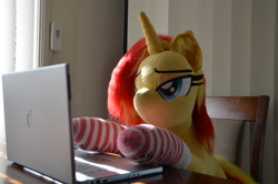 Size: 4928x3264 | Tagged: safe, artist:ponimalion, photographer:misterdogg, sunset shimmer, pony, unicorn, g4, clothes, computer, ear fluff, irl, laptop computer, photo, plushie, powerbook g4, socks, striped socks