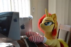 Size: 4928x3264 | Tagged: safe, artist:ponimalion, photographer:misterdogg, sunset shimmer, pony, unicorn, g4, apple (company), clothes, computer, ear fluff, irl, photo, plushie, power macintosh g4, powermac g4 quicksilver, socks, striped socks