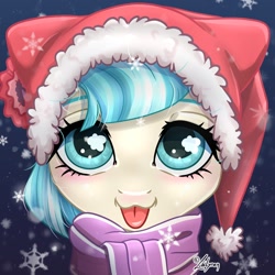 Size: 1748x1748 | Tagged: safe, artist:lailyren, coco pommel, earth pony, pony, g4, :3, :p, blushing, bust, christmas, clothes, cocobetes, colored eyebrows, commission, cute, female, hat, holiday, looking at you, mare, santa hat, scarf, smiling, smiling at you, snow, snowfall, snowflake, solo, tongue out, winter hat, ych result