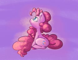 Size: 2048x1582 | Tagged: safe, artist:leadhooves, pinkie pie, earth pony, pony, g4, female, long tail, looking up, mare, purple background, simple background, sitting, solo, tail, unshorn fetlocks