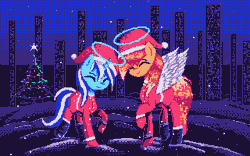 Size: 1920x1200 | Tagged: safe, artist:menalia, oc, oc only, oc:freezy coldres, oc:shiny flames, pegasus, pony, animated, boots, christmas, christmas tree, city, clothes, color cycling, dead, dithering, eyes closed, female, gif, gloves, halo, happy, happy new year, hat, holiday, horn, lesbian, limited palette, mare, new year, night, pixel art, santa hat, shirt, shoes, snow, tree, wings, winter