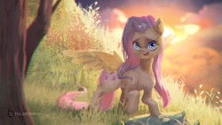 Size: 1920x1080 | Tagged: safe, artist:haku nichiya, fluttershy, pegasus, pony, g4, chest fluff, female, illustration, looking at you, mare, open mouth, open smile, outdoors, raised hoof, smiling, smiling at you, solo, spread wings, standing, sunset, tree, turned head, wings