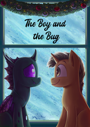 Size: 2480x3508 | Tagged: safe, artist:jowyb, oc, oc only, changeling, pony, unicorn, fanfic:the boy and the bug, duo, fanfic, fanfic art, fanfic cover, high res, horn, purple changeling, unicorn oc, window