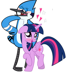 Size: 1550x1662 | Tagged: safe, artist:eagle1division, artist:themomoko, edit, twilight sparkle, alicorn, bird, blue jay, pony, g4, blushing, crossover, crossover shipping, emanata, female, heart, male, mare, mordecai, mordetwi, regular show, shipping, simple background, straight, transparent background