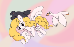 Size: 2942x1858 | Tagged: safe, artist:violavaquita, surprise, bird, crow, pegasus, pony, swan, g1, female, flying, mare, open mouth, spread wings, wings