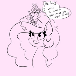 Size: 2048x2048 | Tagged: safe, artist:pigzfairy, part of a set, discord, princess celestia, g4, description is relevant, dialogue, discord being discord, duo, duo male and female, exclamation point, female, haha, high res, horn, male, mini, pop, sketch, teleportation