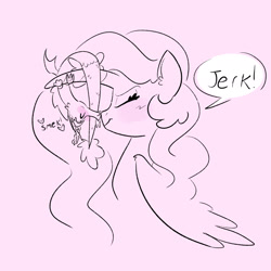 Size: 2048x2048 | Tagged: safe, artist:pigzfairy, part of a set, discord, princess celestia, alicorn, g4, blushing, cute, description is relevant, discute, exclamation point, female, high res, horn, interspecies, jerk, kissing, male, mini, nose kiss, ship:dislestia, shipping, small, smek, straight, tsundere, upside down