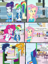 Size: 768x1024 | Tagged: source needed, safe, artist:ilaria122, fluttershy, lightning dust, pinkie pie, rainbow dash, rarity, soarin', comic:a mysterious rival, equestria girls, g4, implied shipping, implied soarindash, implied straight