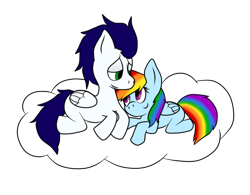 Size: 750x586 | Tagged: safe, artist:delphina34, rainbow dash, soarin', pegasus, pony, g4, cloud, female, male, on a cloud, ship:soarindash, shipping, simple background, straight, transparent background