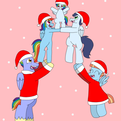 Size: 1400x1400 | Tagged: source needed, safe, artist:dasher666, artist:powerpup97, edit, bow hothoof, rainbow dash, soarin', windy whistles, pegasus, pony, g4, christmas, female, holiday, male, ship:soarindash, shipping, straight