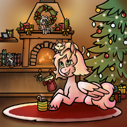 Size: 2000x2000 | Tagged: safe, artist:manticorpse, oc, cat, pegasus, pony, book, candle, christmas, christmas stocking, christmas tree, christmas wreath, commission, fire, fireplace, hearth, hearth's warming, high res, holiday, holly, pet, present, secret santa, solo, tree, wreath