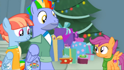 Size: 1920x1080 | Tagged: artist needed, source needed, safe, bow hothoof, scootaloo, windy whistles, pegasus, pony, g4, christmas, clothes, female, filly, foal, freckles, holiday, looking at each other, looking at someone, male, mare, present, scarf, scootalove, sitting, smiling, smiling at each other, stallion
