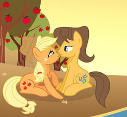 Size: 313x288 | Tagged: artist needed, source needed, safe, applejack, caramel, earth pony, pony, g4, female, male, ship:carajack, shipping, straight